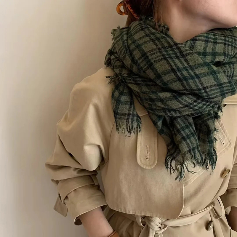 Fashion Light Brown Cotton And Linen Check Shawl,Thin Scaves