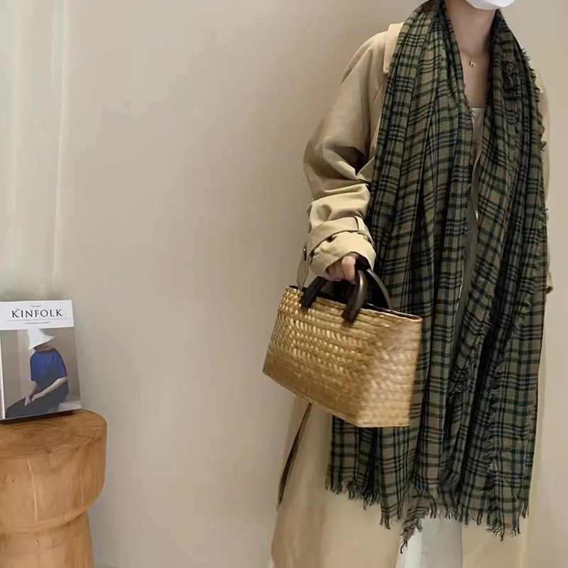 Fashion Light Brown Cotton And Linen Check Shawl,Thin Scaves