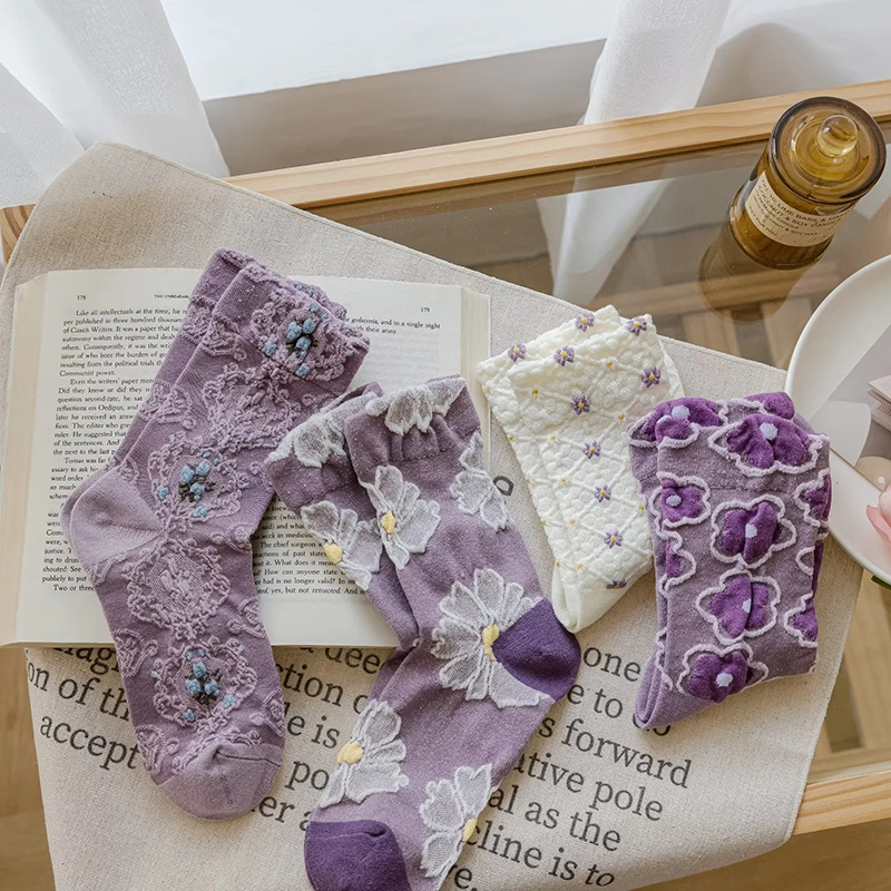 Fashion Purple Purple Flower Embossed Cotton Socks,Fashion Socks
