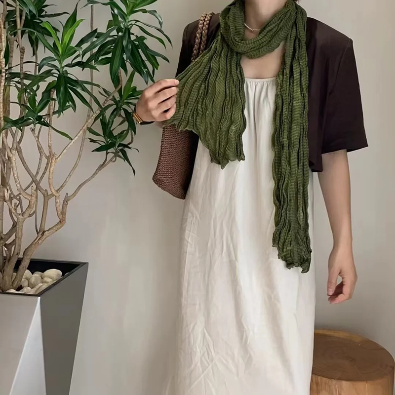 Fashion Dark Green Cotton And Linen Pleated Shawl,Thin Scaves