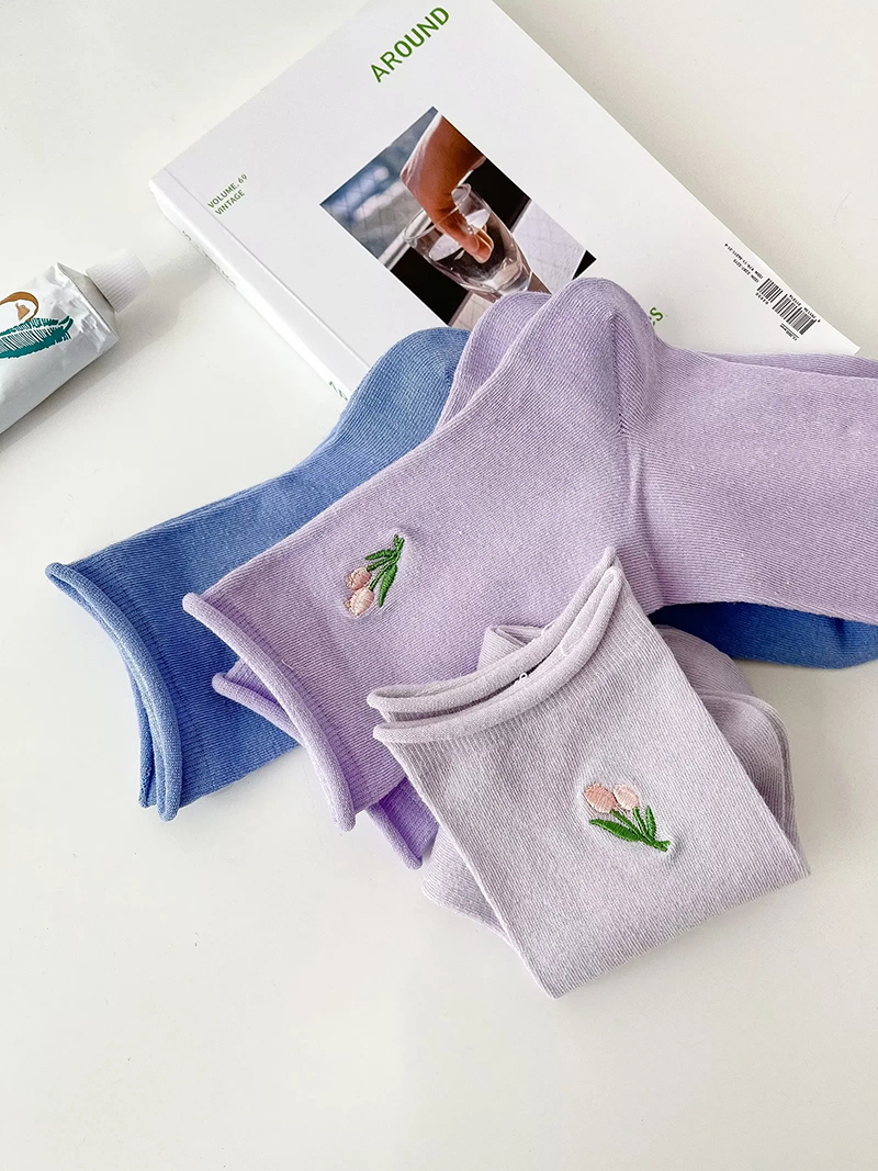 Fashion Lavender Tulip Embroidered Rolled Cotton Socks,Fashion Socks
