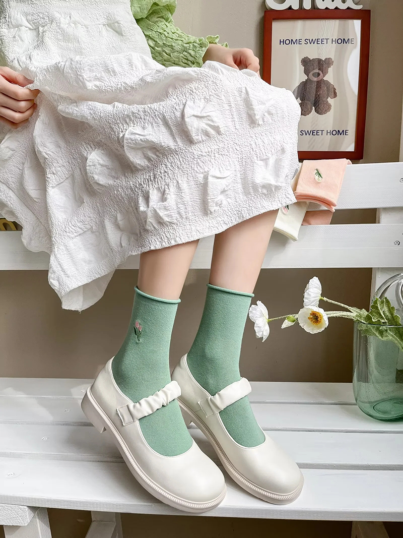 Fashion Green Tulip Embroidered Rolled Cotton Socks,Fashion Socks