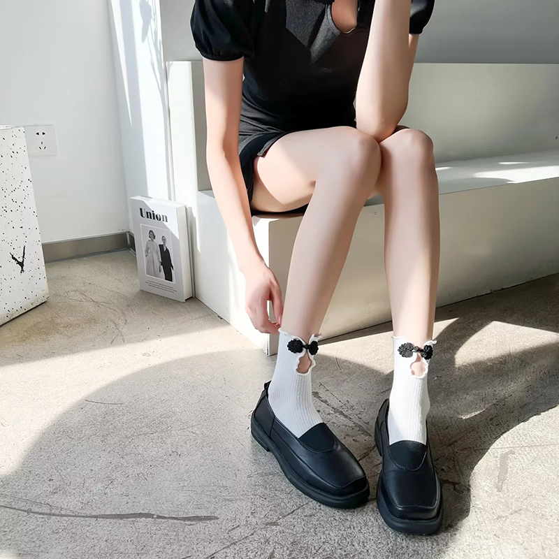 Fashion Pure Black Guopan Buckle Fungus Edge Cotton Socks,Fashion Socks