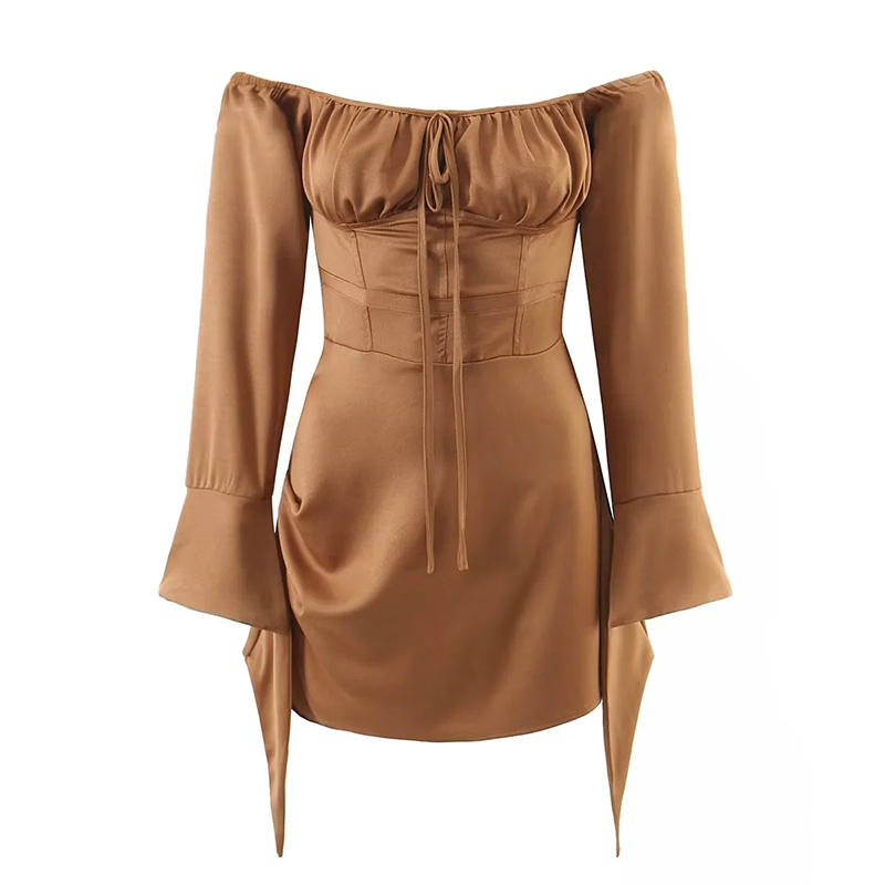 Fashion Brown Polyester Pleated One-shoulder Dress,Long Dress