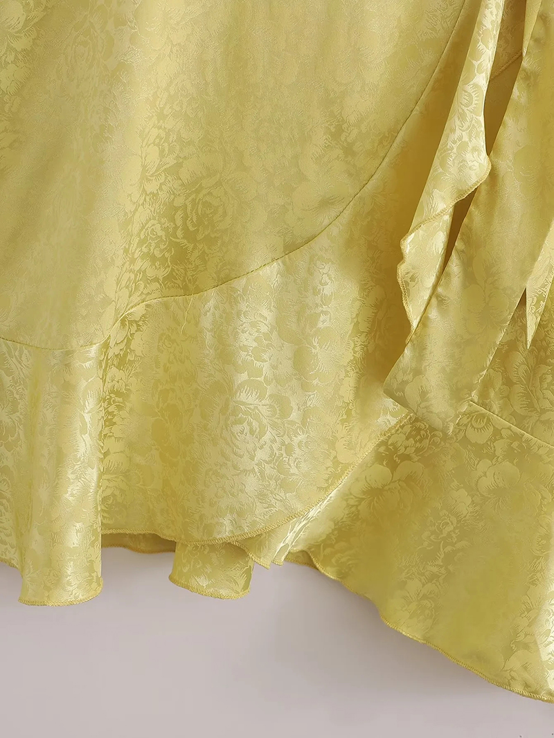 Fashion Yellow Satin Jacquard Lace-up Dress,Mini & Short Dresses