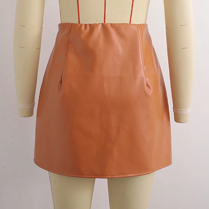 Fashion Orange Pu Micro Pleated Skirt,Skirts