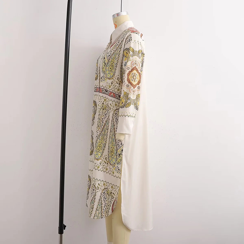 Fashion White Polyester Print Breasted Slit Dress,Long Dress