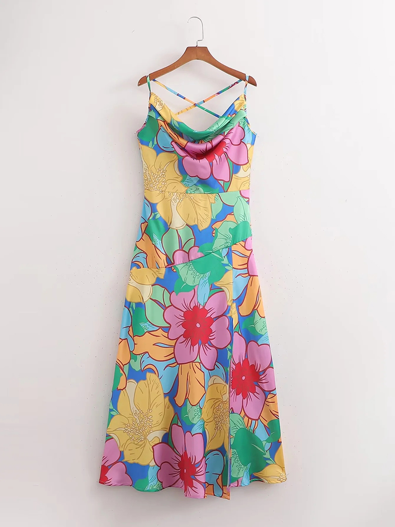 Fashion Pattern Satin Drop-neck Print Slip Dress,Long Dress