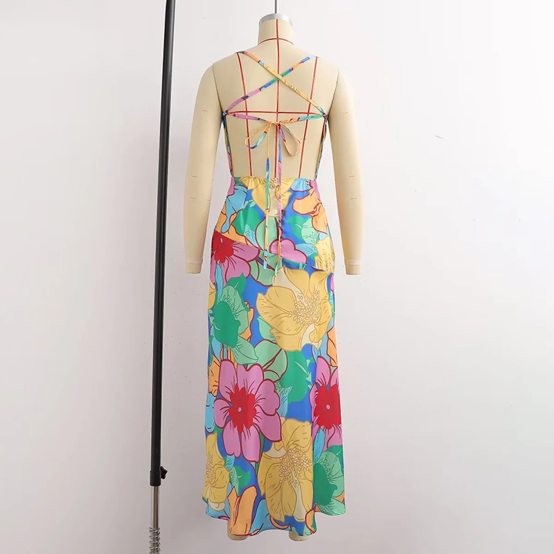 Fashion Pattern Satin Drop-neck Print Slip Dress,Long Dress