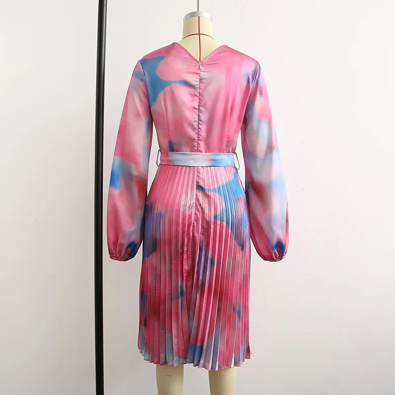 Fashion Tie Dye Tie-dye Pleated Lace-up Dress,Long Dress
