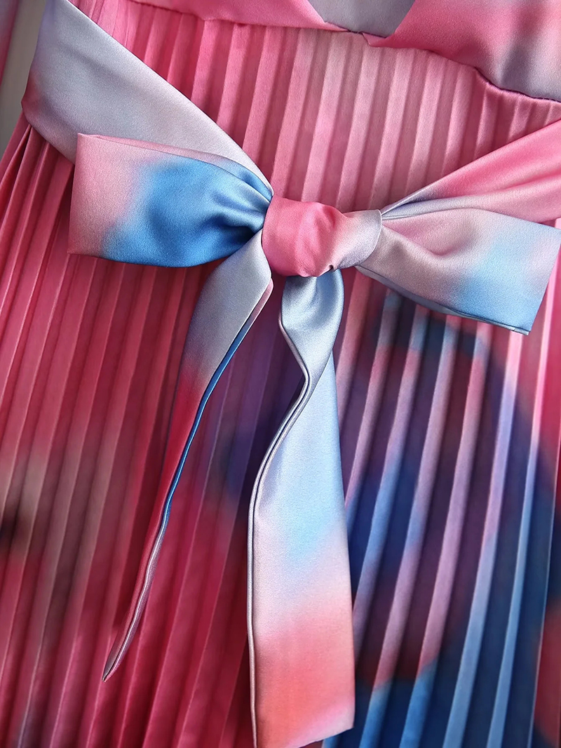 Fashion Tie Dye Tie-dye Pleated Lace-up Dress,Long Dress