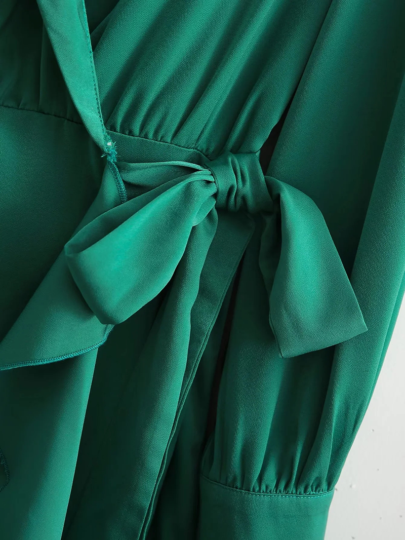 Fashion Green Polyester Tie Ruffle V-neck Dress,Long Dress