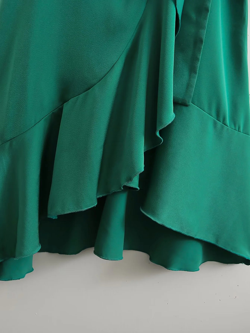 Fashion Green Polyester Tie Ruffle V-neck Dress,Long Dress