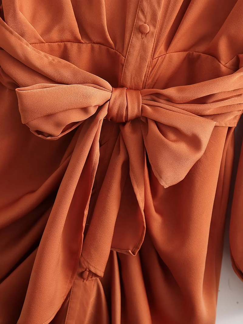 Fashion Orange Polyester Pleated Knotted Breasted Dress,Long Dress