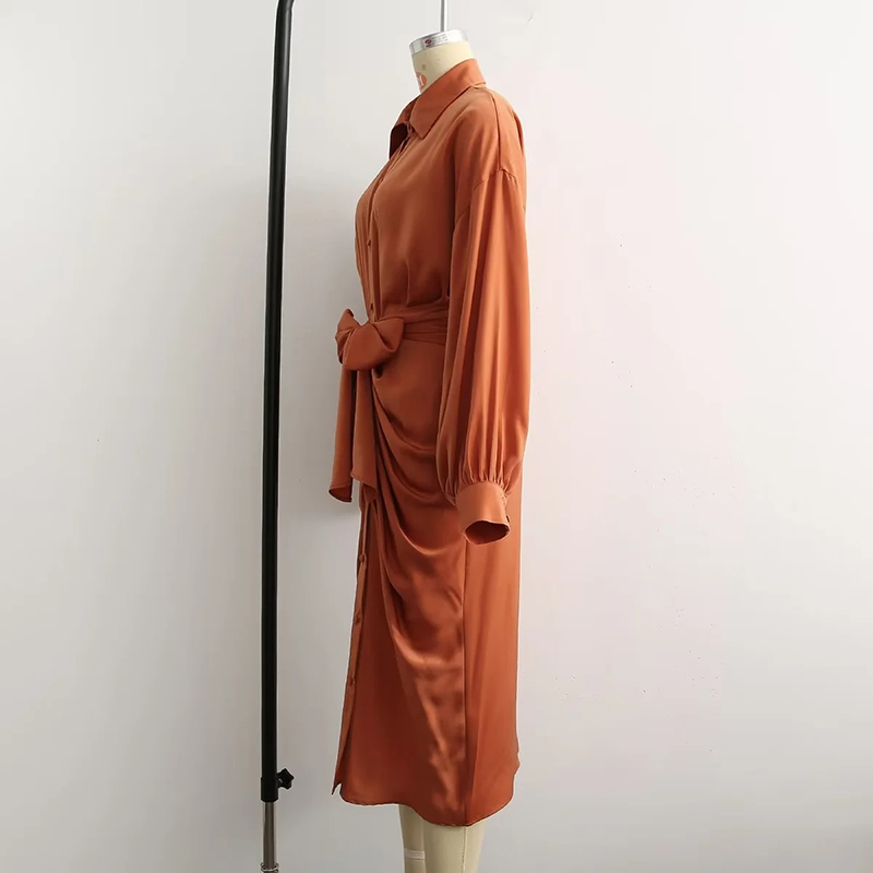 Fashion Orange Polyester Pleated Knotted Breasted Dress,Long Dress