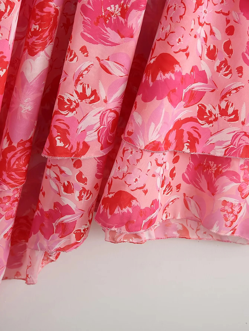 Fashion Pink Chiffon Tiered Print Dress,Long Dress