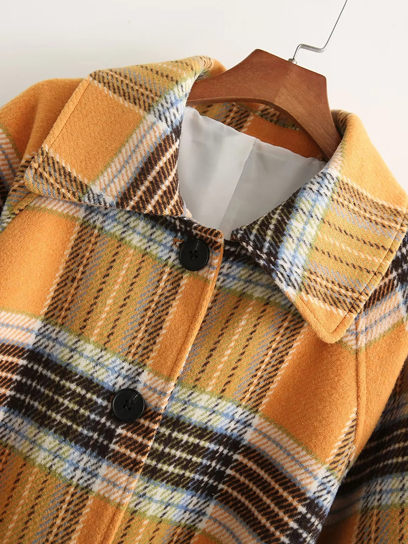 Fashion Yellow Woolen Plaid-breasted Lace-up Coat,Coat-Jacket