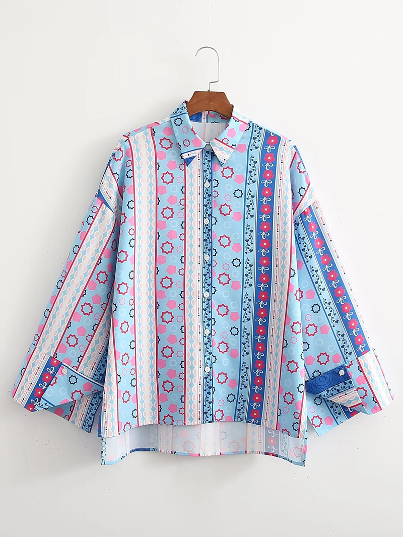 Fashion Blue Pink Flower Polyester Print Button-up Shirt,Festival & Party Supplies