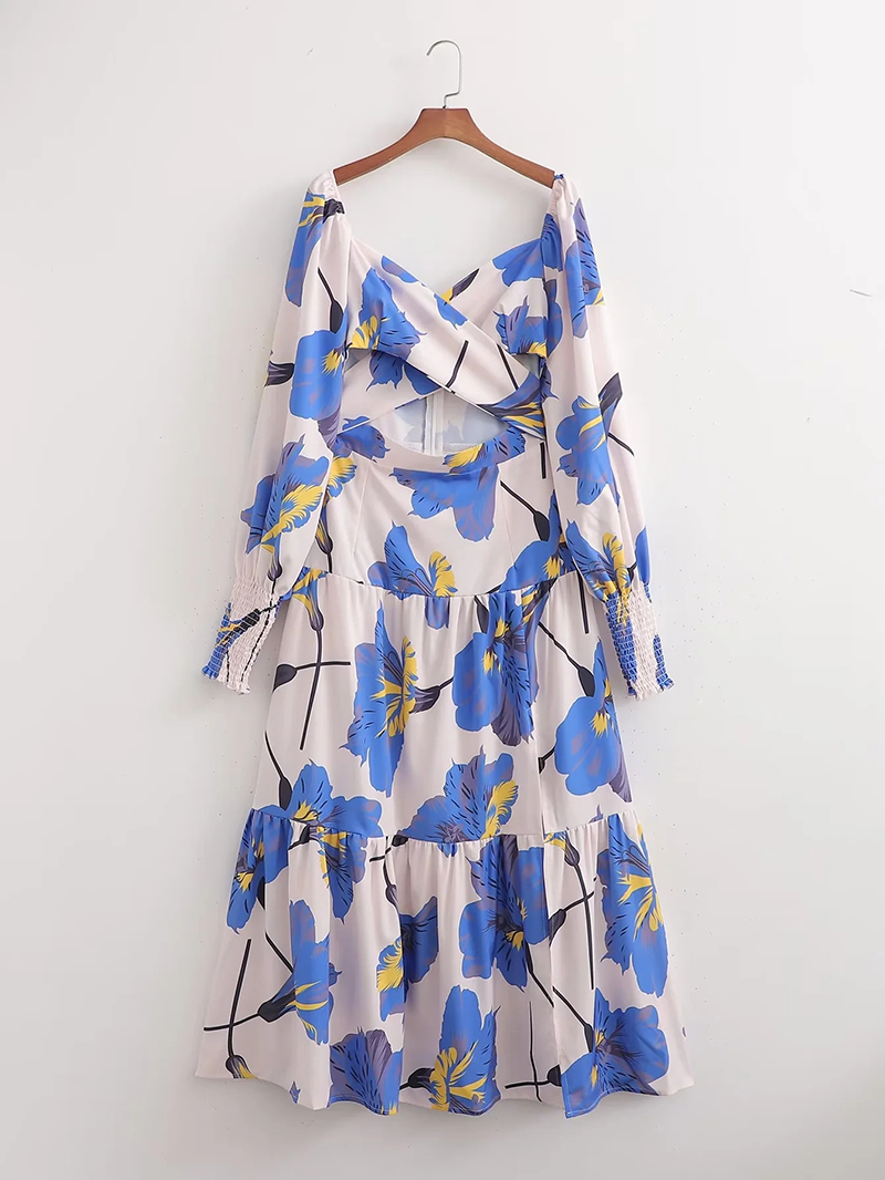 Fashion Blue Polyester Print Cutout Swing Dress,Long Dress