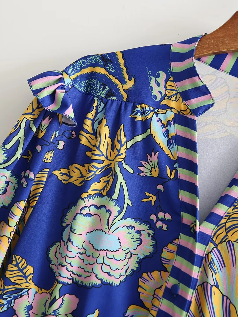 Fashion Blue Polyester Print Breasted Dress,Mini & Short Dresses