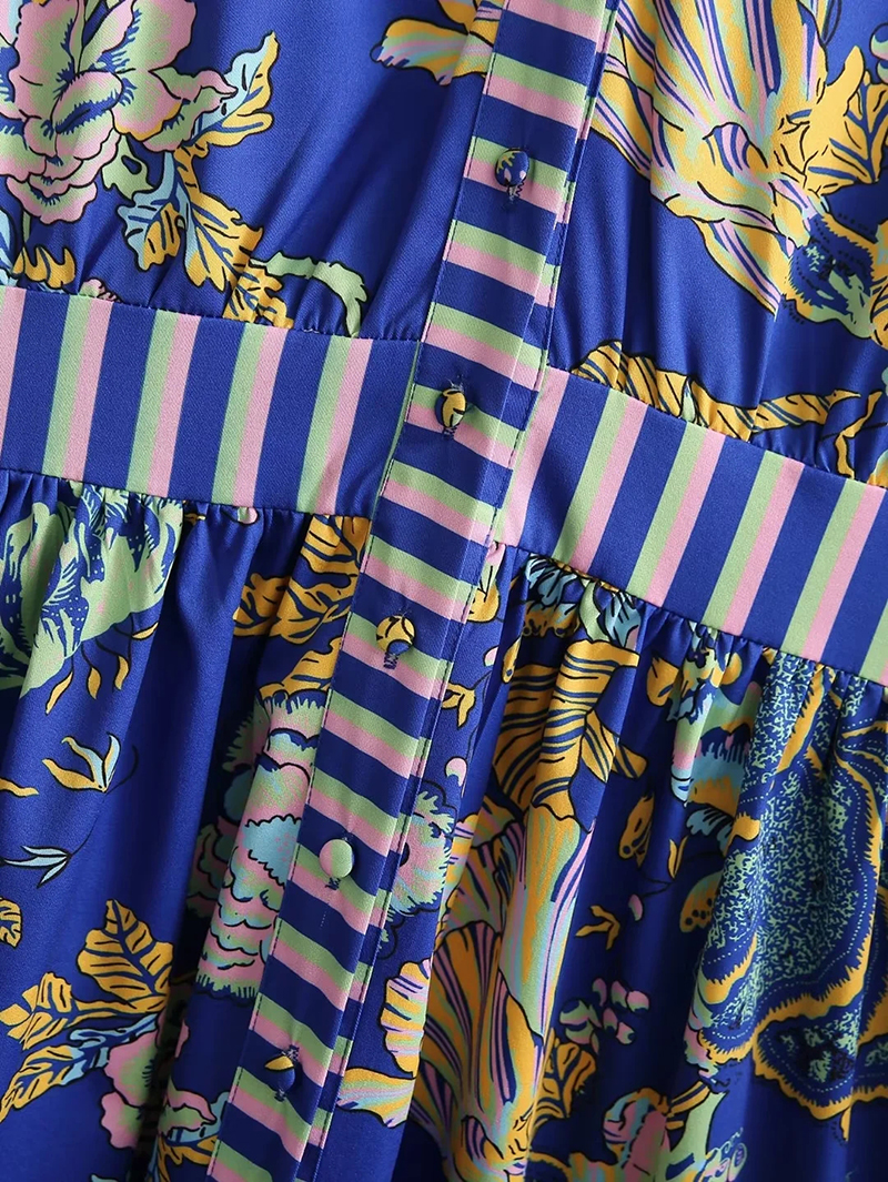 Fashion Blue Polyester Print Breasted Dress,Mini & Short Dresses