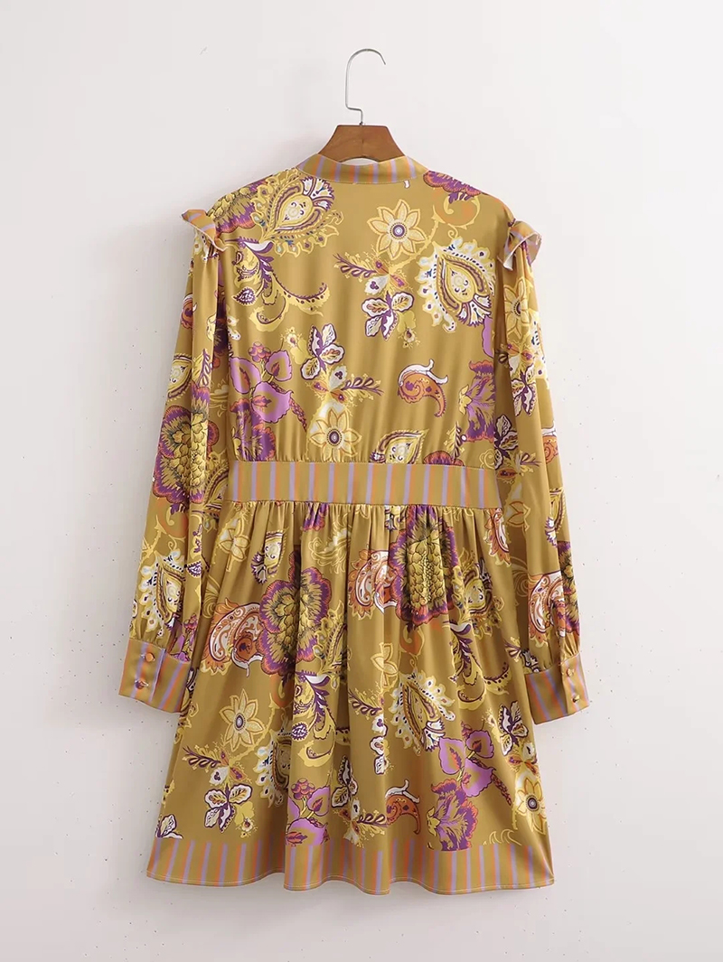 Fashion Yellow Polyester Print Breasted Dress,Mini & Short Dresses