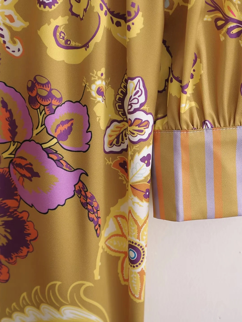 Fashion Yellow Polyester Print Breasted Dress,Mini & Short Dresses