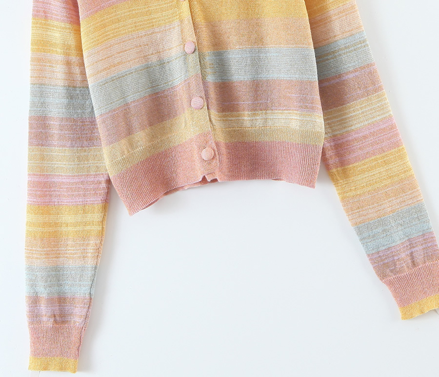 Fashion Color Gold Knitted Striped Cardigan,Coat-Jacket