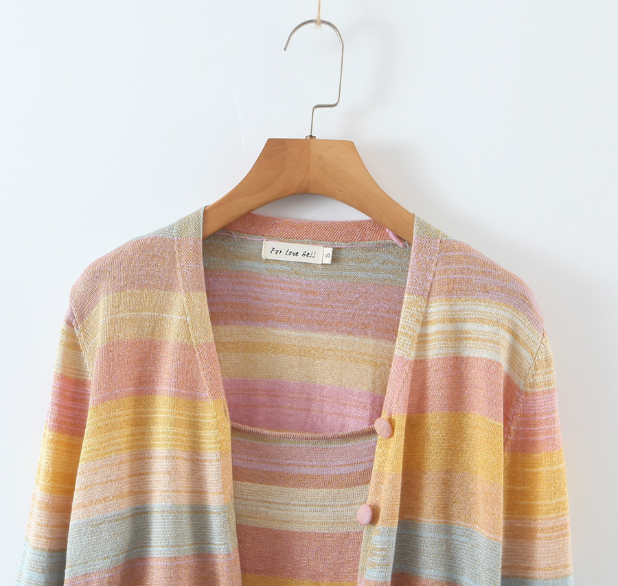 Fashion Color Gold Knitted Striped Cardigan,Coat-Jacket