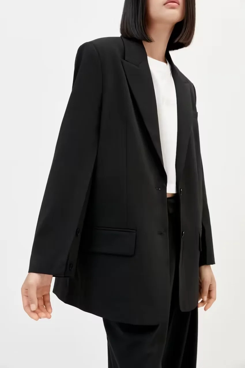 Fashion Black Solid Breasted Pocket Blazer,Coat-Jacket
