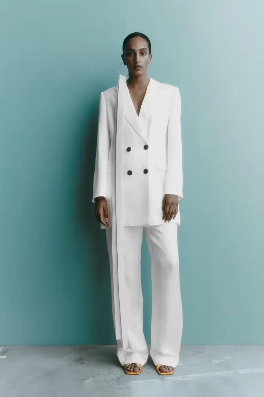 Fashion White Silk-satin Double-breasted Pocket Blazer,Coat-Jacket