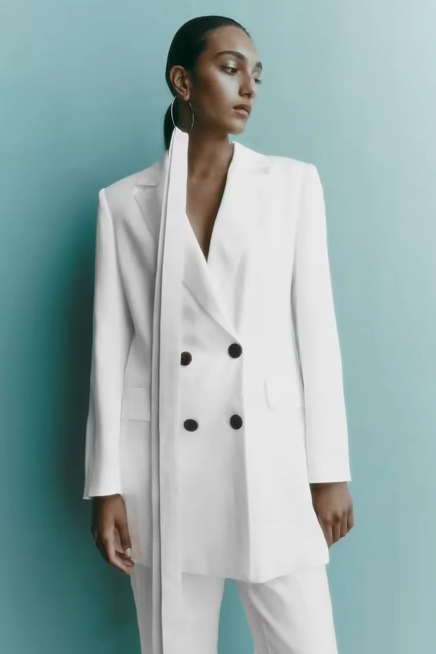 Fashion White Silk-satin Double-breasted Pocket Blazer,Coat-Jacket