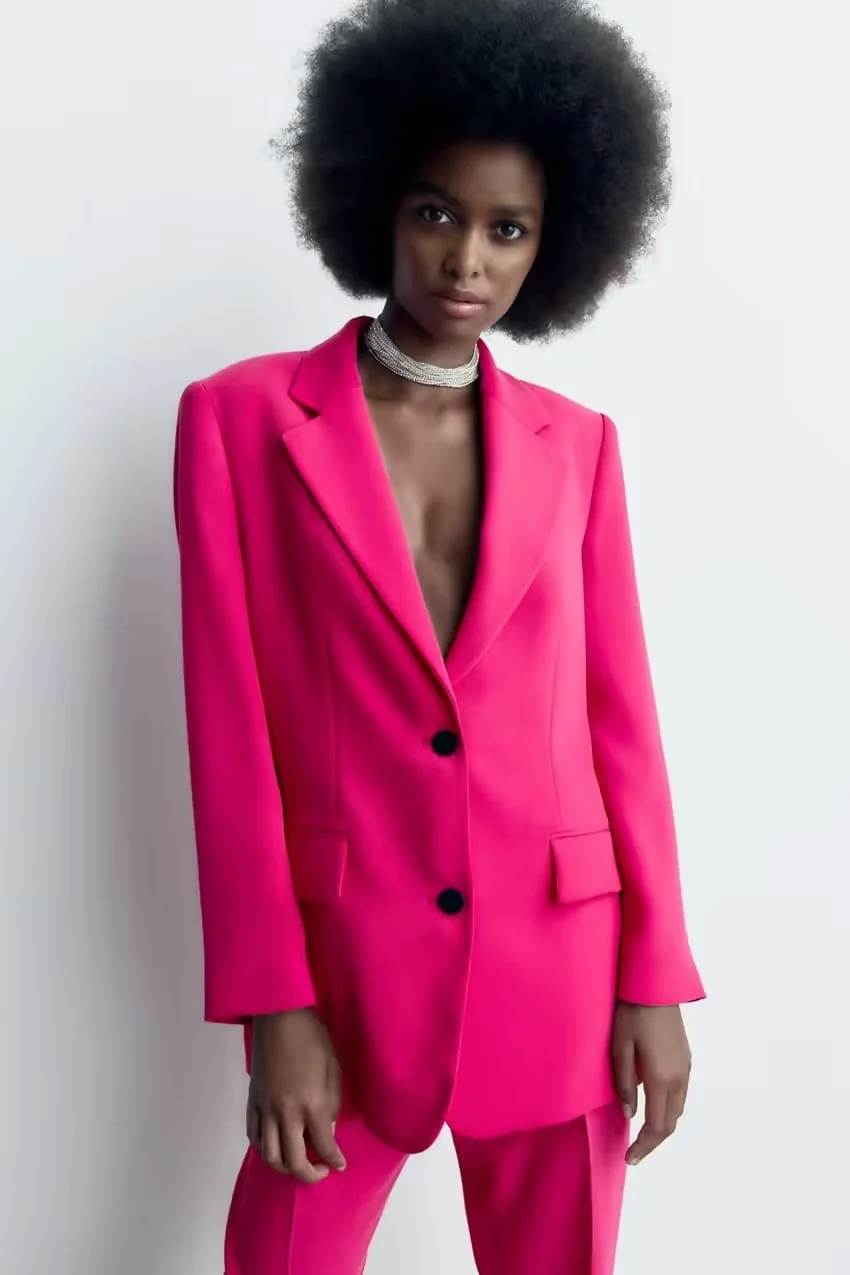 Fashion Rose Red Solid Breasted Pocket Blazer,Coat-Jacket