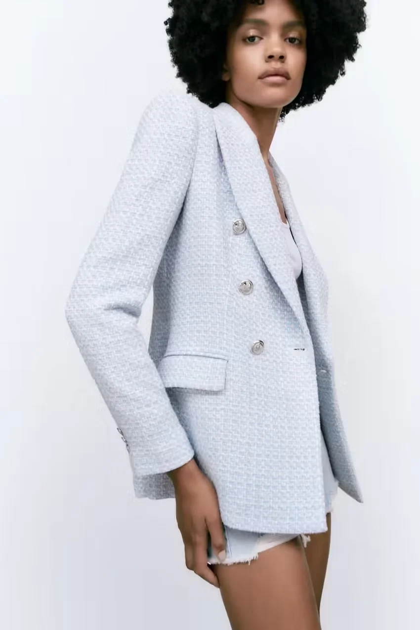 Fashion Blue Textured Double-breasted Pocket Blazer,Coat-Jacket
