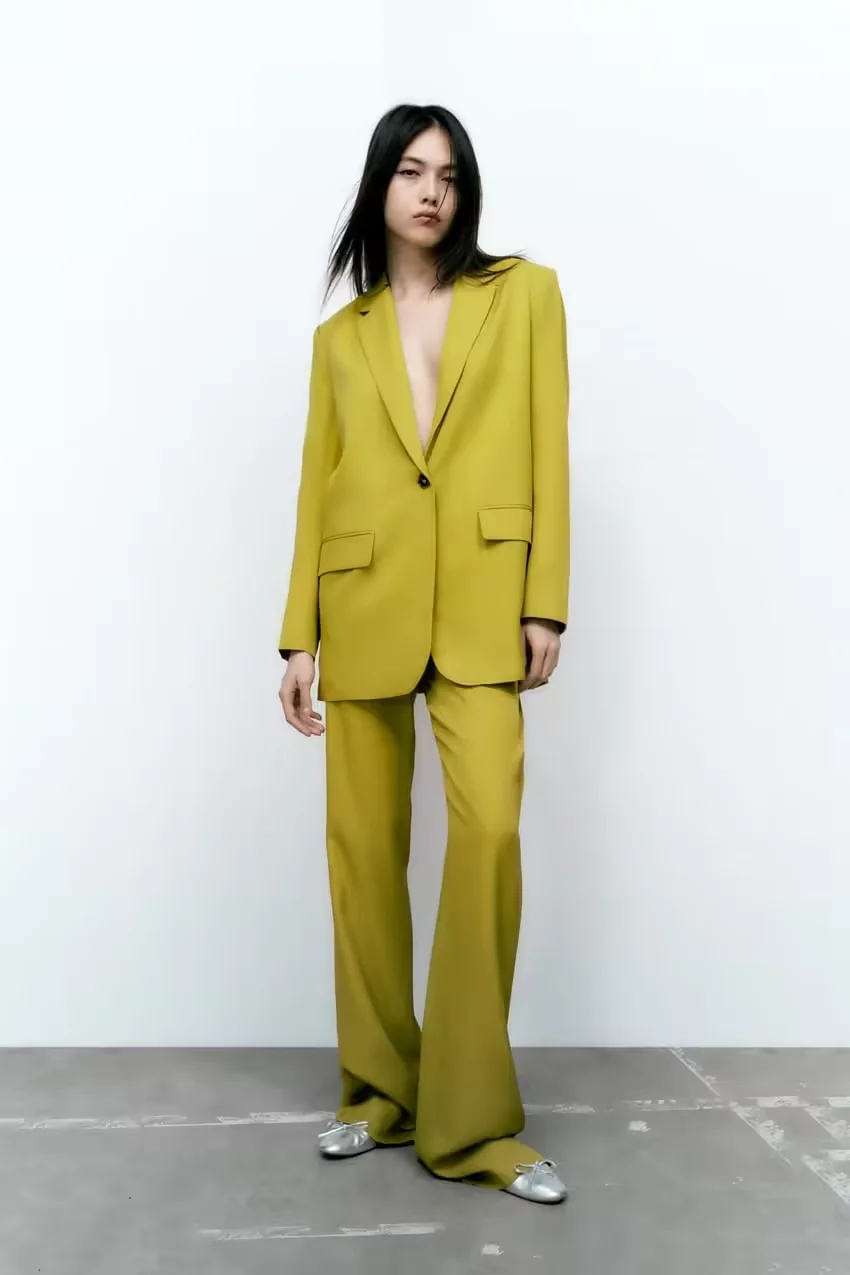 Fashion Yellow Silk-satin One-button Pocket Blazer,Coat-Jacket