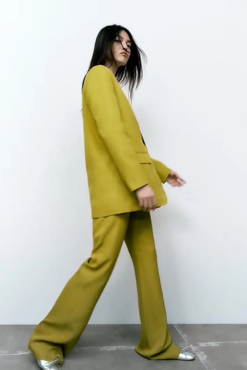 Fashion Yellow Silk-satin One-button Pocket Blazer,Coat-Jacket