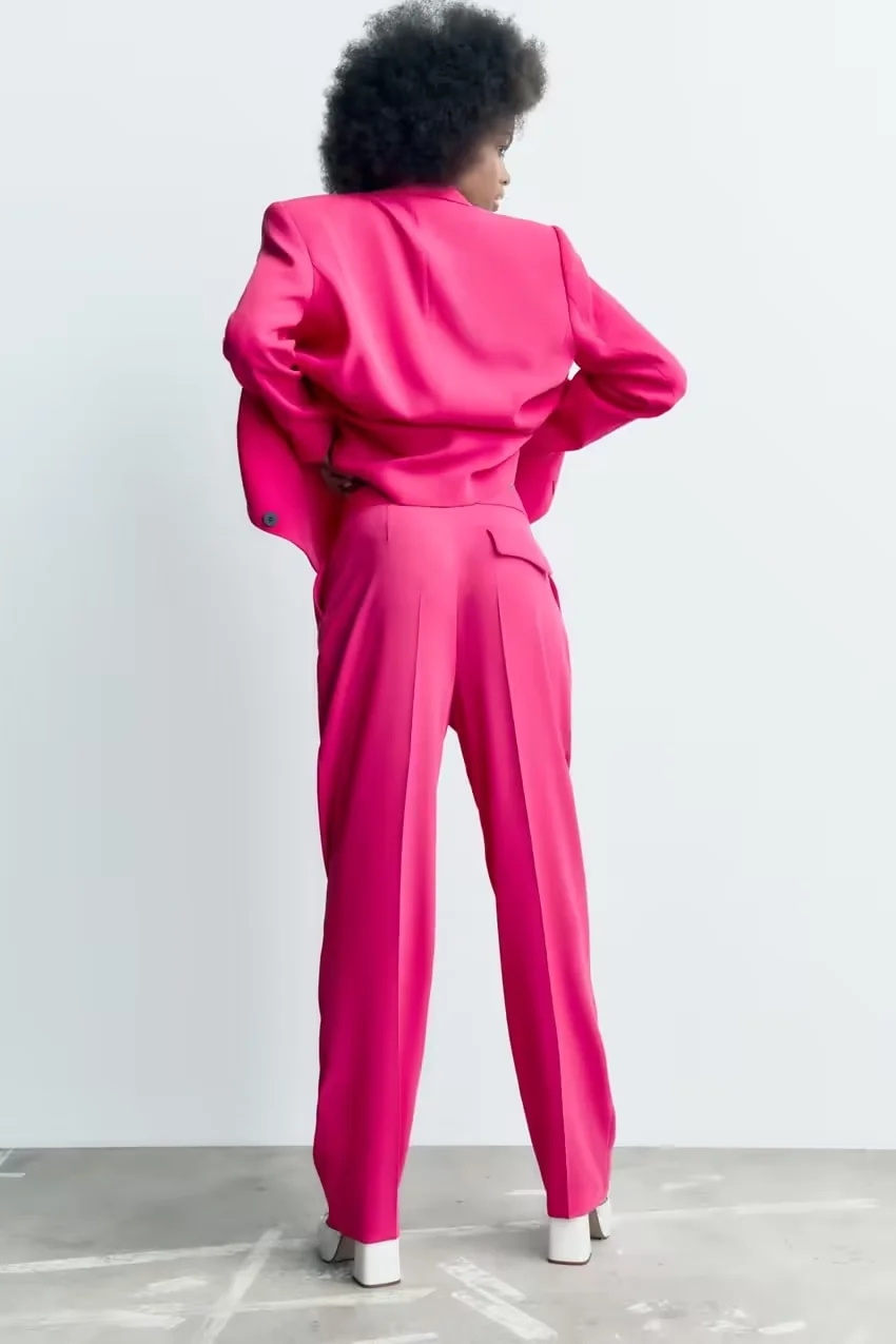 Fashion Rose Red Solid Micro Pleated Straight-leg Trousers,Pants