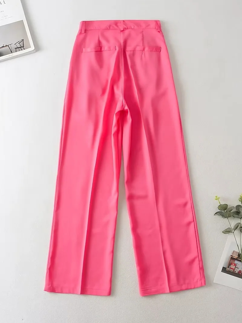 Fashion Rose Red Solid Pleated Straight Wide Leg Pants,Pants