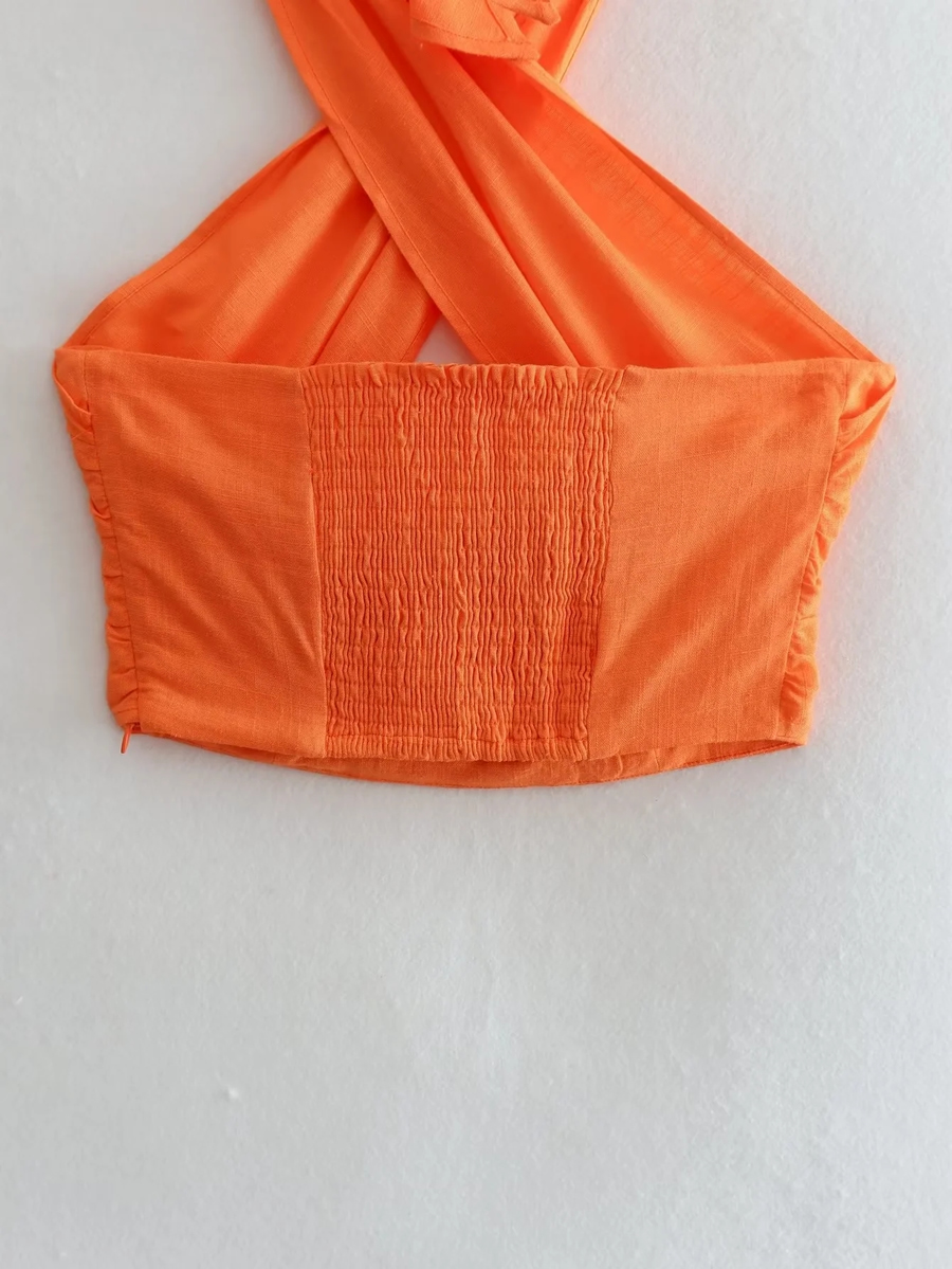 Fashion Orange Cotton And Linen Cross Halter Top,Tank Tops & Camis