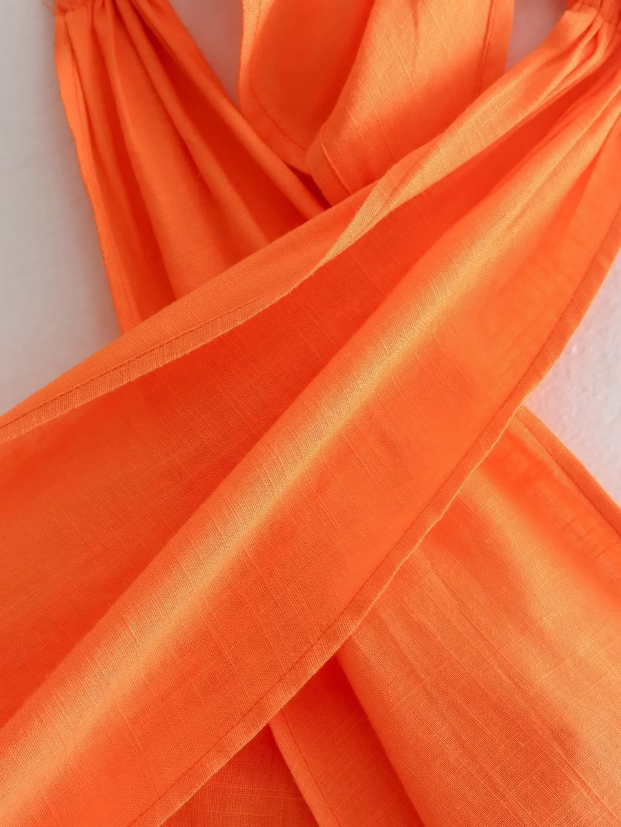 Fashion Orange Cotton And Linen Cross Halter Top,Tank Tops & Camis