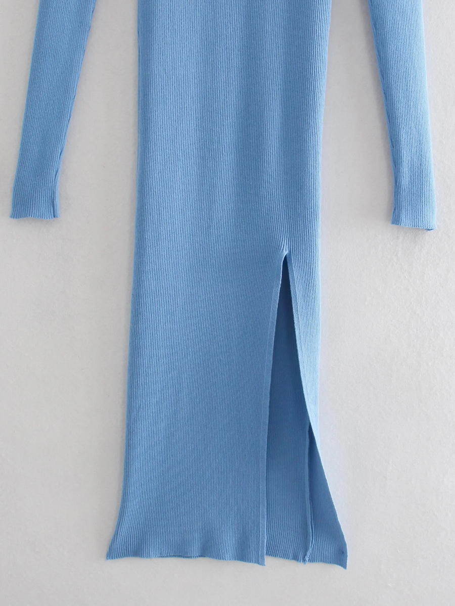 Fashion Blue Ribbed-knit Slit Dress,Long Dress