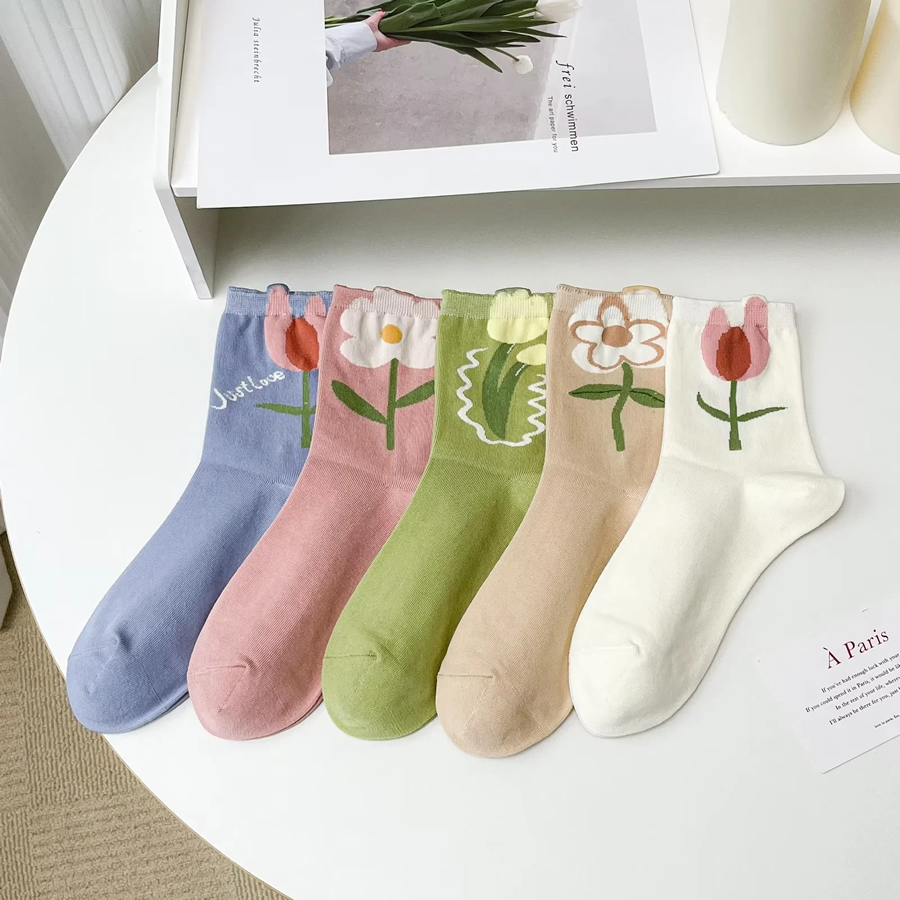 Fashion Pink Tulip Embroidered Cotton Socks,Fashion Socks