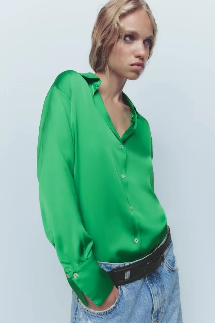 Fashion Green Silk-satin Button-up Shirt,Tank Tops & Camis
