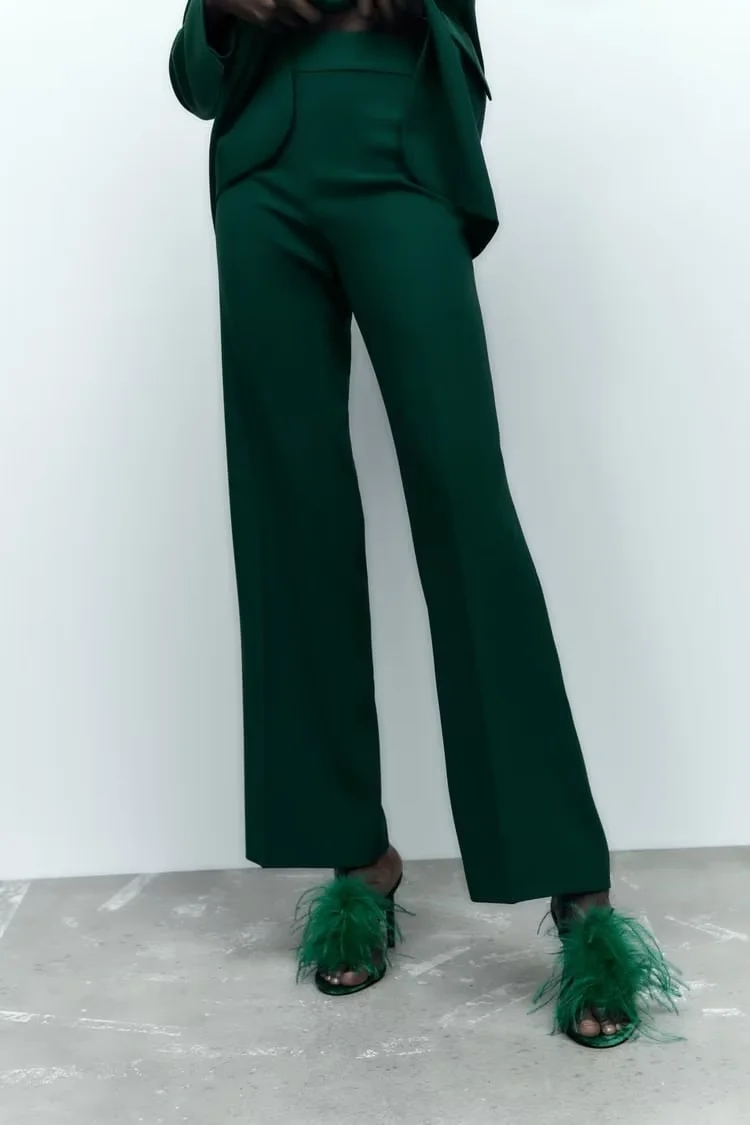Fashion Green Polyester Straight Trousers,Pants