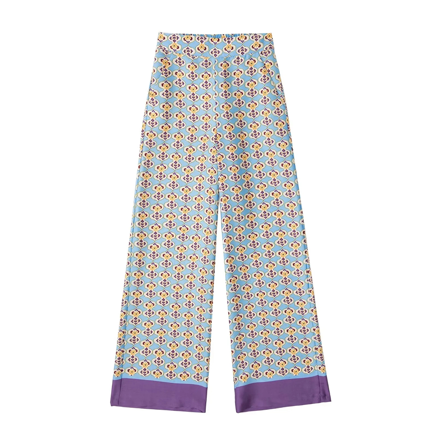 Fashion Color Geometric-print Silk-satin Straight-leg Trousers,Pants