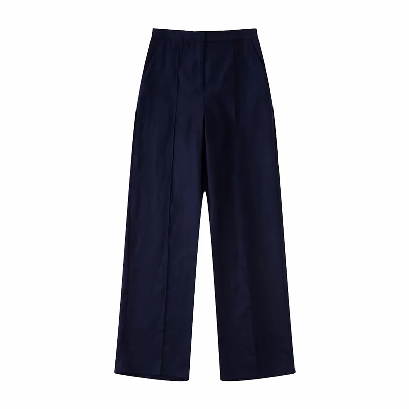Fashion Blue Woven Micro Pleated Straight-leg Trousers,Pants