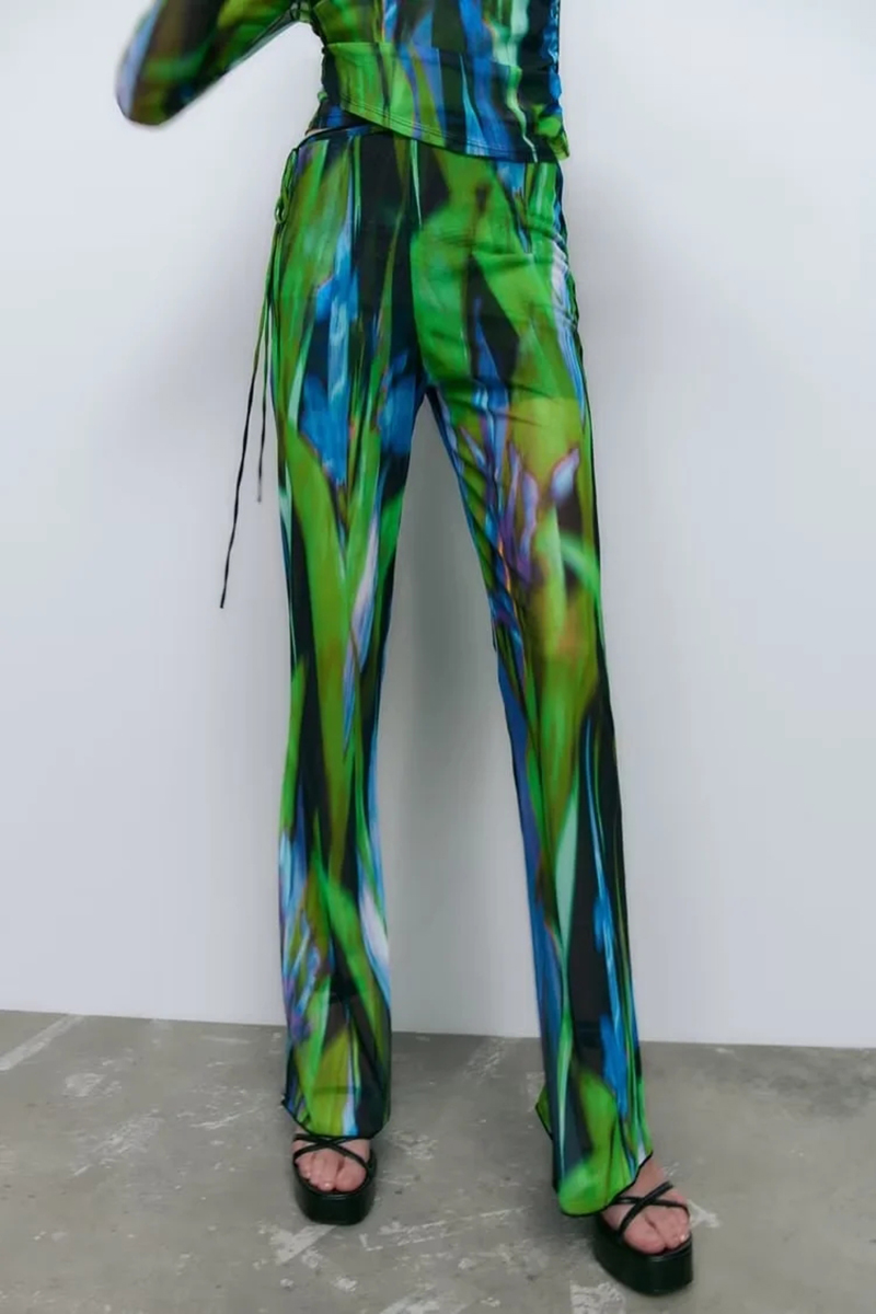 Fashion Green Woven Print Pull-up Trousers,Pants