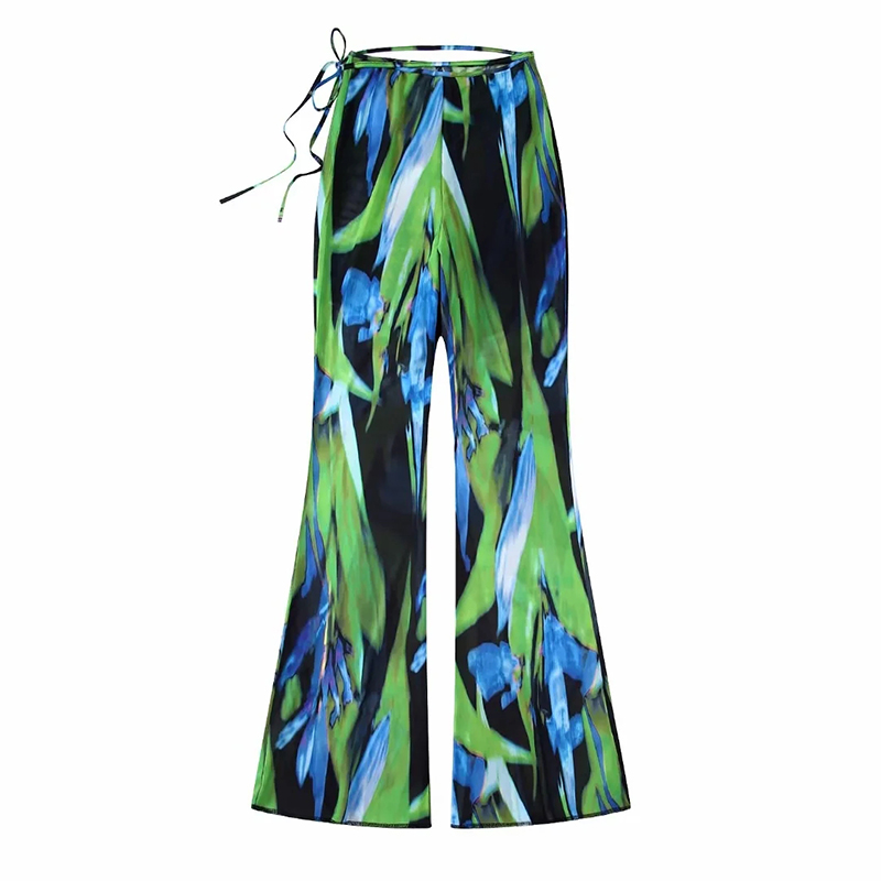 Fashion Green Woven Print Pull-up Trousers,Pants