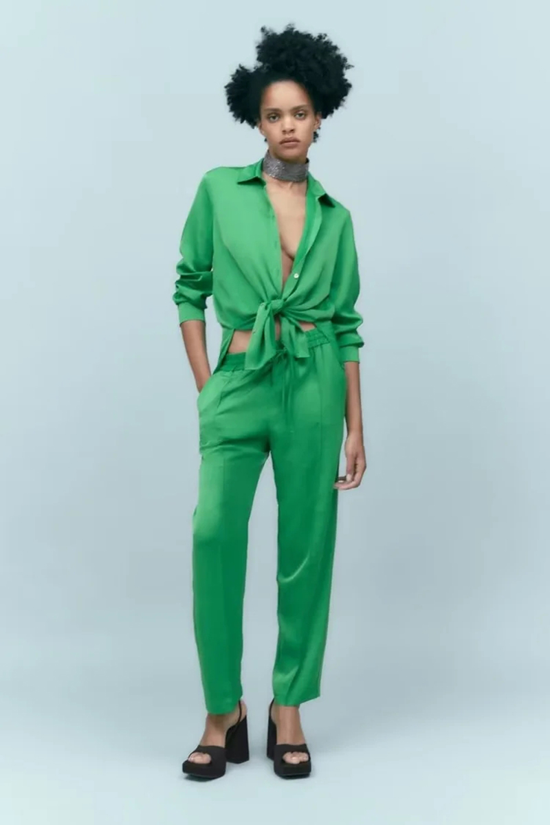 Fashion Green Woven Crinkled Straight-leg Trousers,Pants