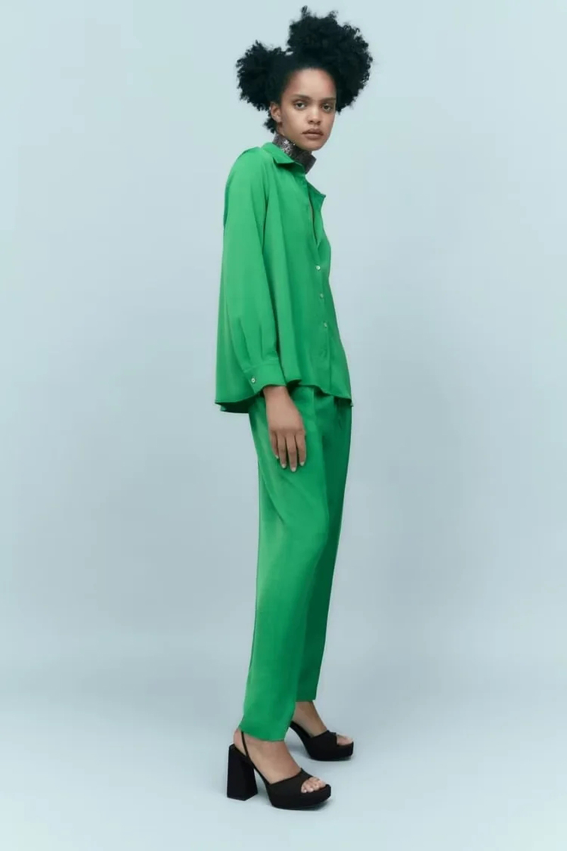 Fashion Green Woven Button-down Lapel Shirt,Tank Tops & Camis